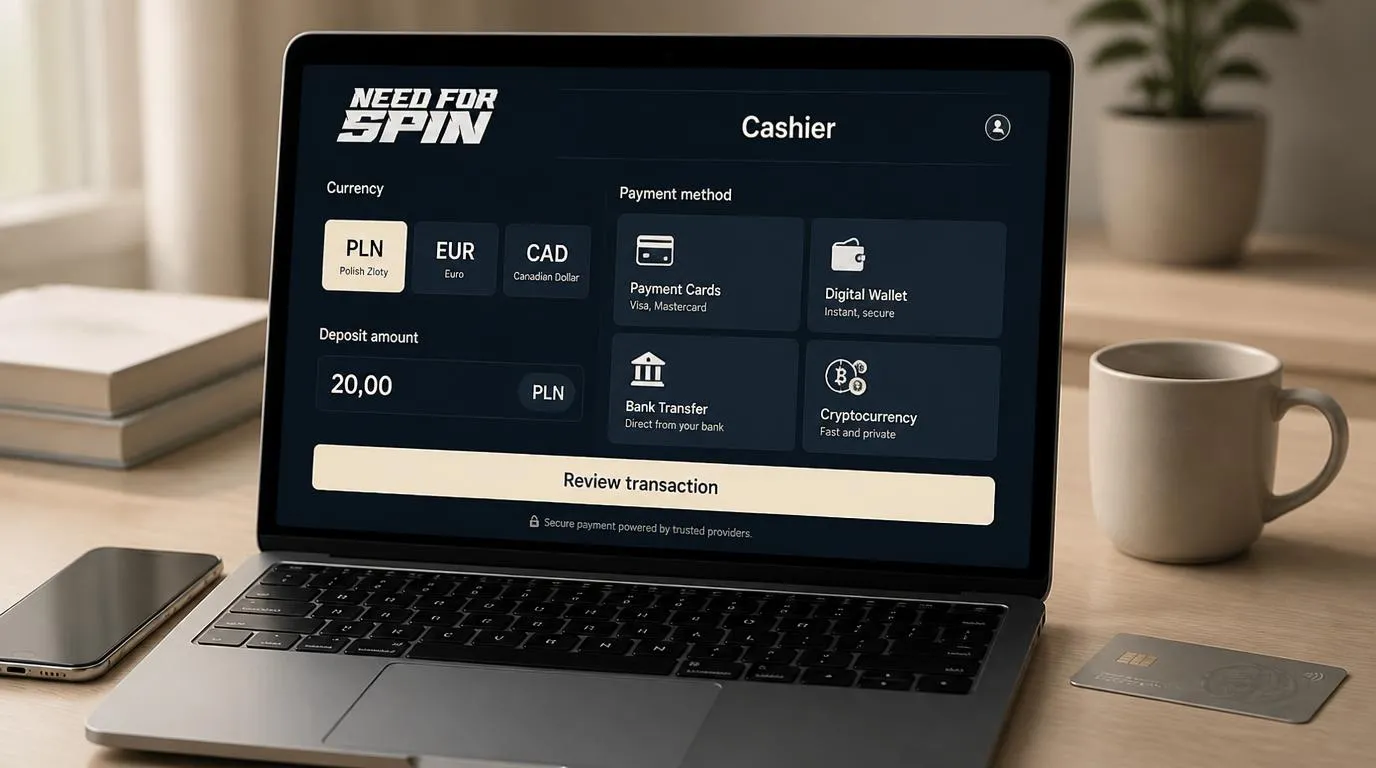 Panel kasy z walutą PLN, wyborem metod wpłaty i informacją o minimalnym depozycie 20 PLN